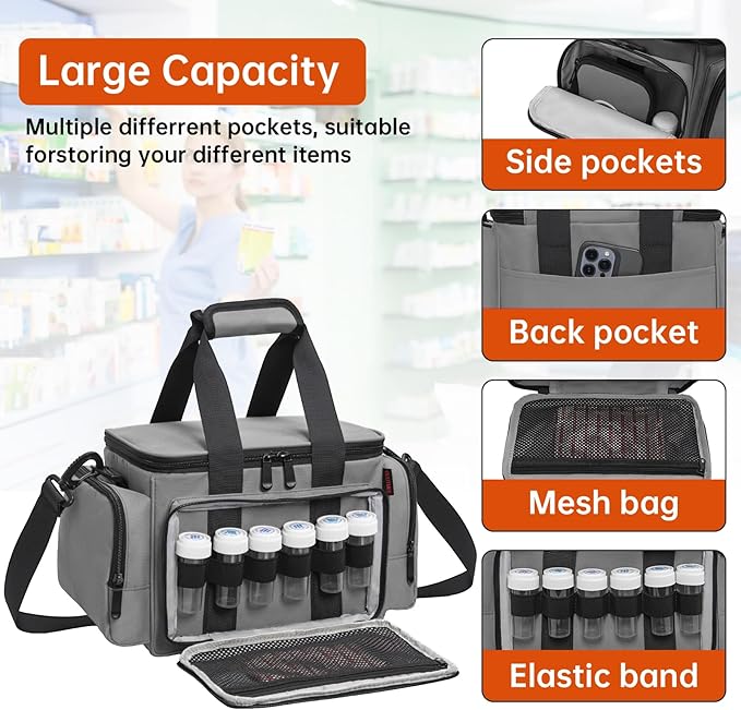Medicine Storage Bag, Pill Bottle Organizer with Portable Small Pouch, Medication Bottle Organizer Empty with Shoulder Strap for Home Storage and Travel
