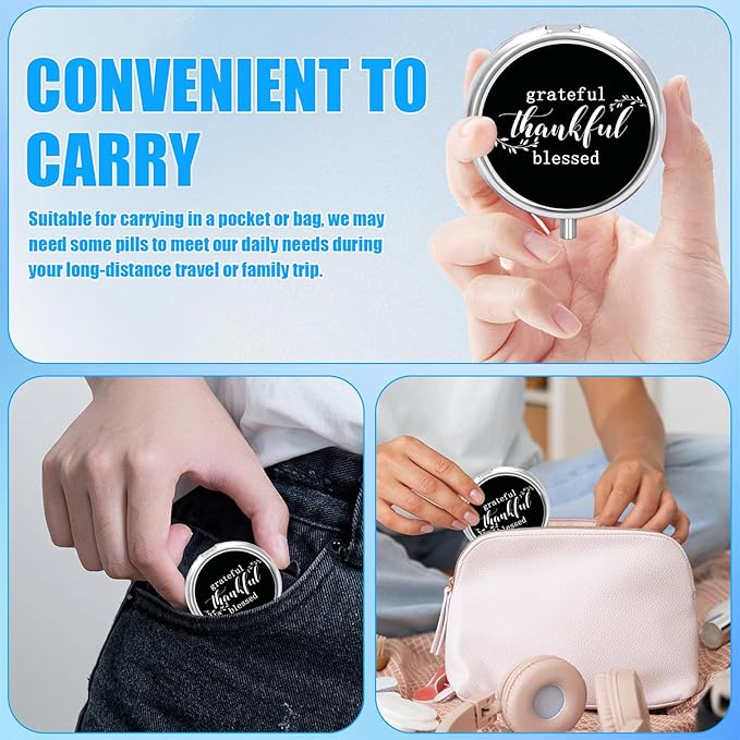 Thankful Grateful Blessed Pill Case, Pill Box 3 Compartments Metal Small Pill Holder with Mirror Mini Travel Pill Container for Purse Pocket Women Men
