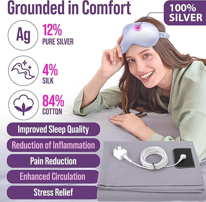 Earth Grounding Sheets Queen Size with 12% Silver Fiber & 4% Silk & 84% Cotton - Gray - Quality Certified Grounded Well Bed Sheet - Conductive Fitted Sheet for Better Sleep
