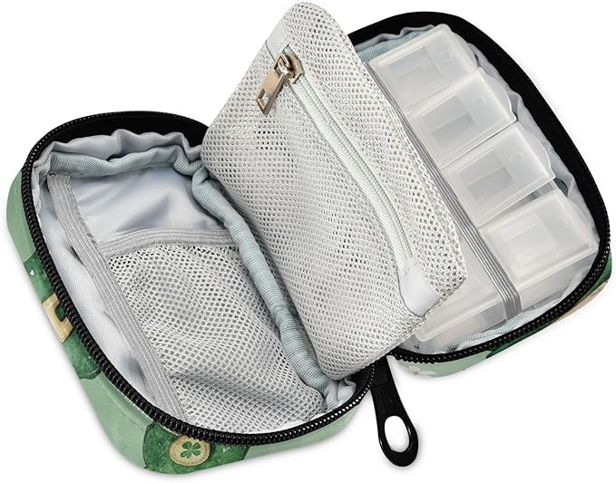 Travel Pill Case Gnomes with Shamrock Flowers Weekly Small Pill Box 7 Day Pill Box Pill Organizer Bag