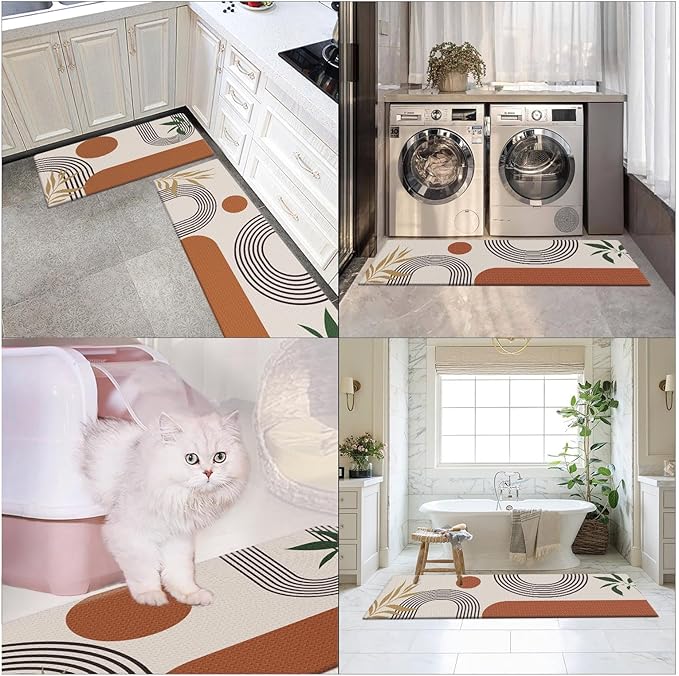 Kitchen Mats for Floor 2 PCS, Anti Fatigue Mat Set, Boho Cushioned Non Slip Waterproof Kitchen Rugs, Wipe Clean PVC Leather Runner for Sink, Laundry, Office, Kitchen Decor 17"x47"+17"x29", Brown
