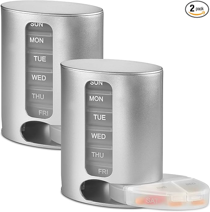 Stackable Daily Pill Organizers - (Pack of 2) Weekly Medication Reminder with 7 Individual Stacking Cases - AM/PM Pill Boxs with 4 Times a Day, a Everyday Medicine Organizer, Silver