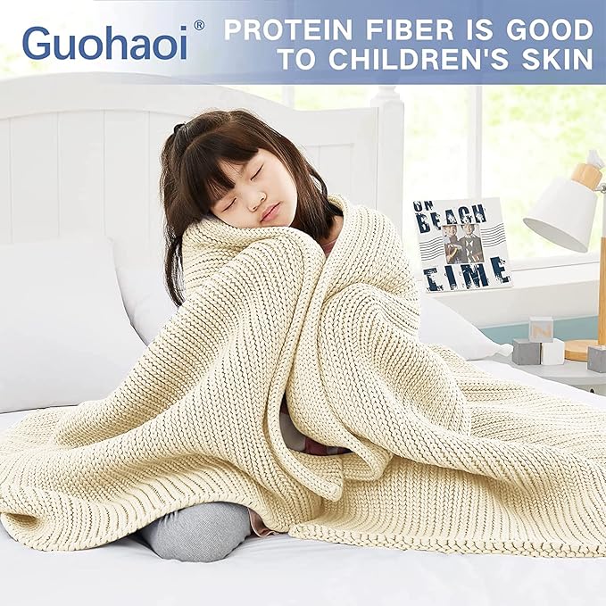 Guohaoi Knitted Weighted Blanket for Adults (Cream 60"x80" 17lbs) No Beads Cooling Throw Blanket for Hot Sleepers, Home Decor Breathable Chunky Knit Heavy Blanket Use on Queen/King Size Bed