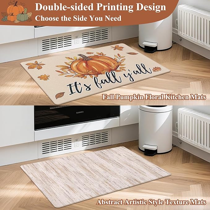 U'Artlines Fall Kitchen Rugs Sets of 2, Anti Fatigue Mats for Kitchen Floor Printed on Both Sides, Non Slip Waterproof Fall Kitchen Mats with Pumpkin Leaves Fall Decor Pattern 17"x28"+17"x47"
