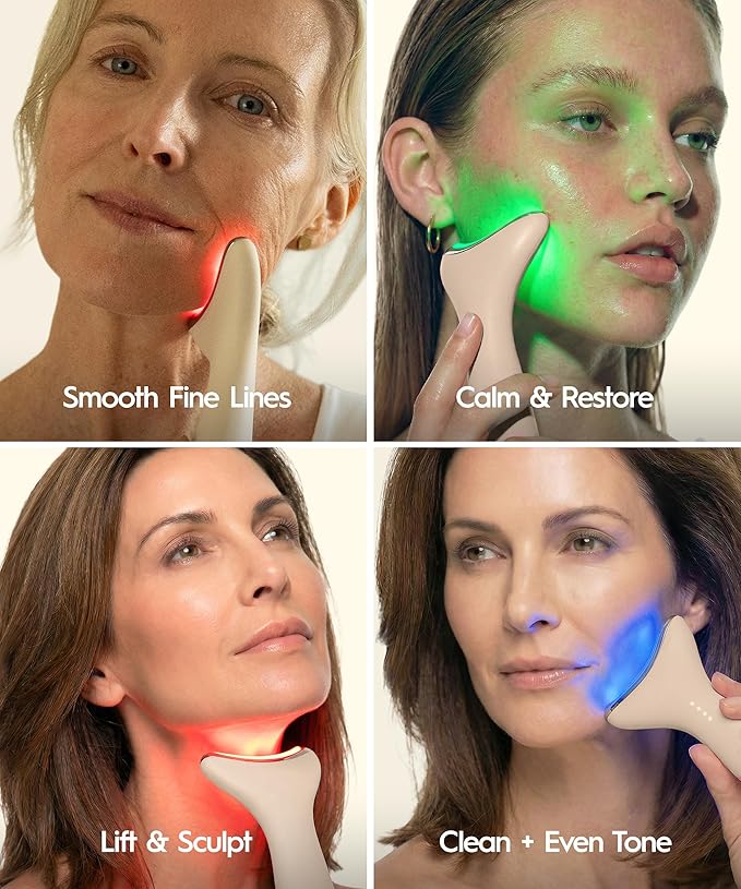 REVO Genie | 3-in-1 Face & Neck Beauty Massager with Heat, 3 Light Therapies, Smart Vibration | Red Light, Blue Light, Green Light Therapy for Smooth Glowing Skin