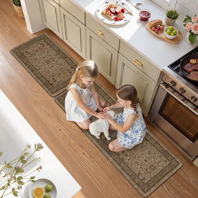 KIMODE Comfort Kitchen Floor Mats Cushioned Anti Fatigue,Boho Farmhouse Rugs for Floor Sets of 2,Memory Foam Ergonomic Kitchen Mat Non Slip for Laundry Office Bathroom Decor,Brown