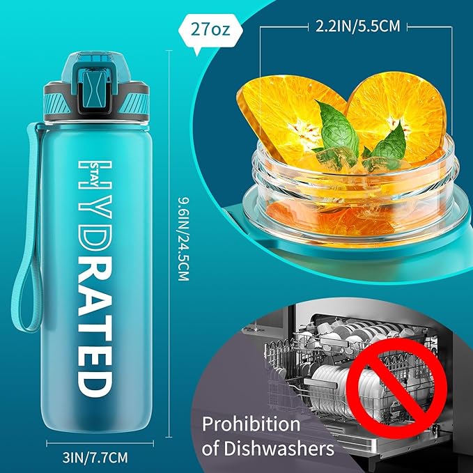 Water Bottle with Straw, 27oz Motivational Water Bottles with Time Marker to Drink, Tritan BPA Free, 750ml Sports Water Bottle with Carry Strap LeakProof for School Fitness Outdoor (1Pack)