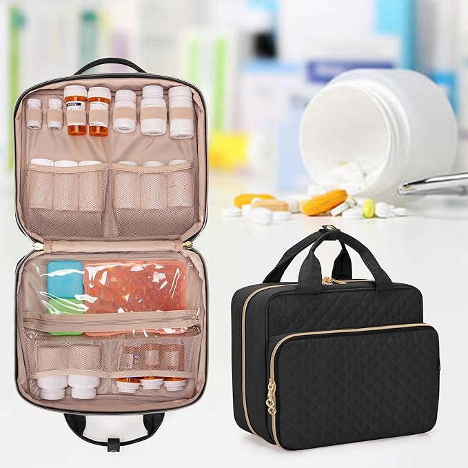 Damero Pill Bottle Organizer, Travel Medicine Bag Organizer, Medicine Organizer and Storage for Pills, Vitamin, Fish Oil, Medical Supplements for Women and Men, Black