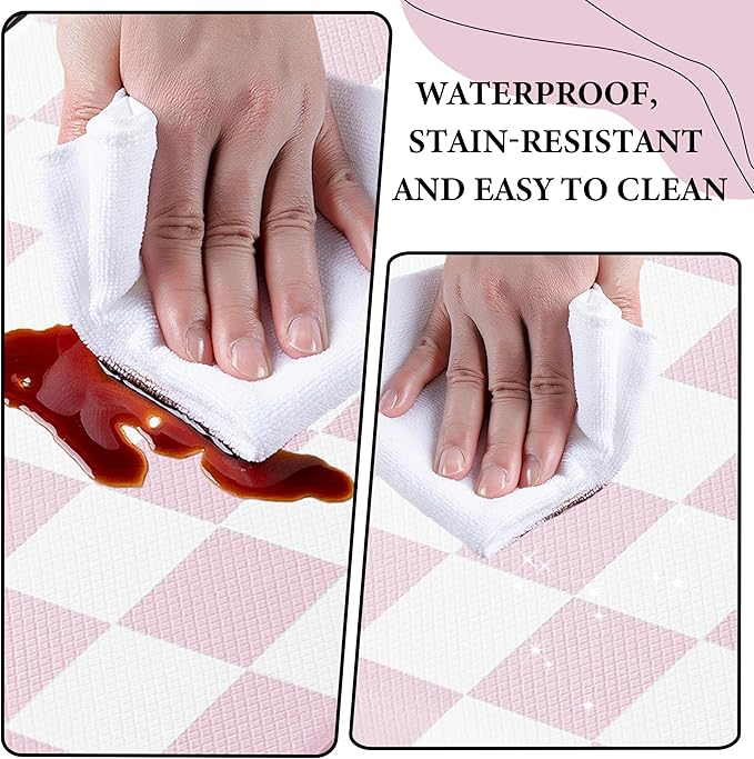 Scalloped Pink Checkered Grid Checkerboard Kitchen Rug Sets [2 PCs], Anti-Fatigue, Waterproof Non-Slip Kitchen Mats Heavy Duty Ergonomic Comfort Foam Rug for Floor, Laundry,17"x29"+17"x47"