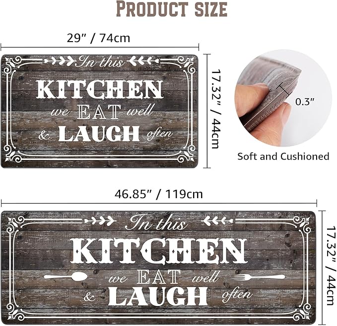2 Pcs Kitchen Mats and Rugs 47x17.3 inch and 29x17.3 inch, Rustic Woodgrain Design Non Slip Cushioned Standing Mat for Kitchen Floor