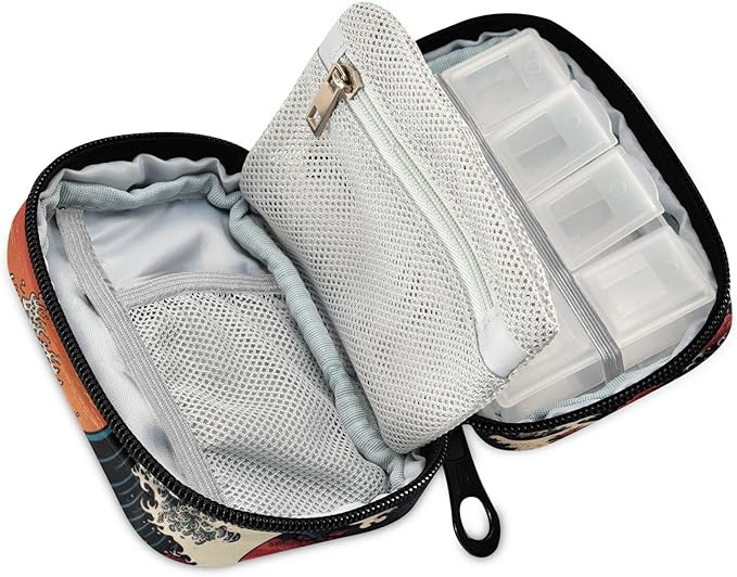 Vnurnrn Pill Case Vintage Japan Wave Print, Pill Box 7 Days Travel Pill Organizer Bag with Zipper, Portable Weekly Case Vitamin Supplement Holder for Travel Daily Use