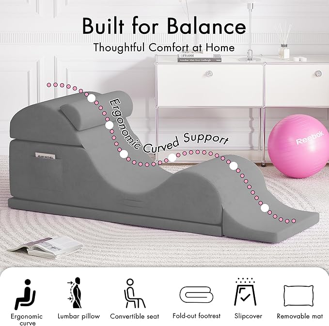 Convertible Yoga Chair for Adults, Ergonomic Foam Lounge with Lumbar Pillow, Washable Cover, Side Pocket, No Assembly Needed – Great for Exercise, Stretching & Relaxation Gray