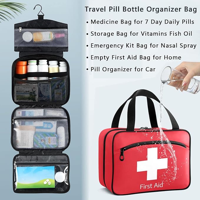 Naanle Pill Organizer Bag Travel Pill Bottle Medicine Organizer Home Storage Medication Bag for Vitamin Supplements, White Cross Red Empty First Aid Bag for Car Camping, 1.0 Count