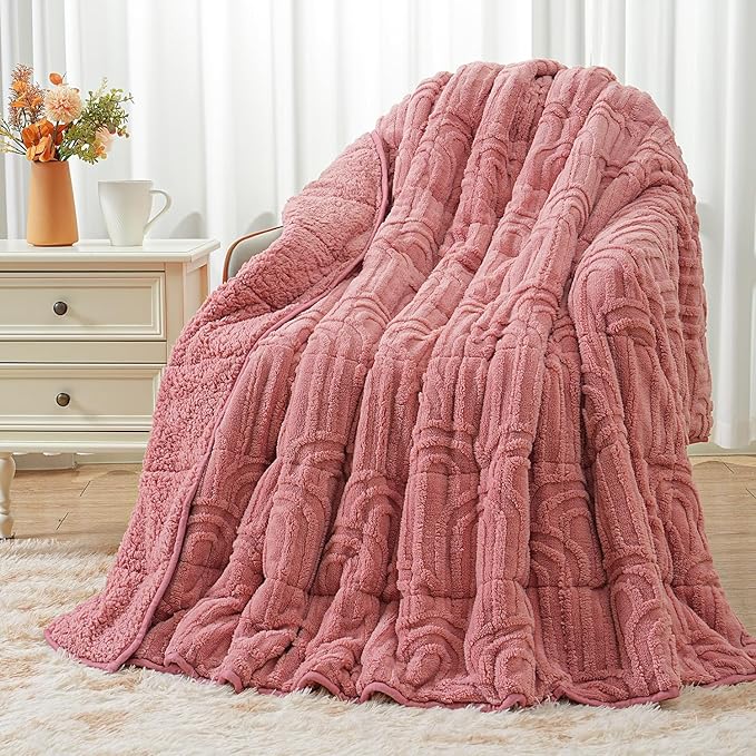 Wemore Jacquard Fleece Weighted Blanket Queen Size 60" x 80" 20lbs, Ultra Soft Cozy Sherpa Weighted Blankets for Adults, Ultra Fuzzy Heavy Blanket for Sleep, Fluffy Warm Throw for Bed, Apricot Pink
