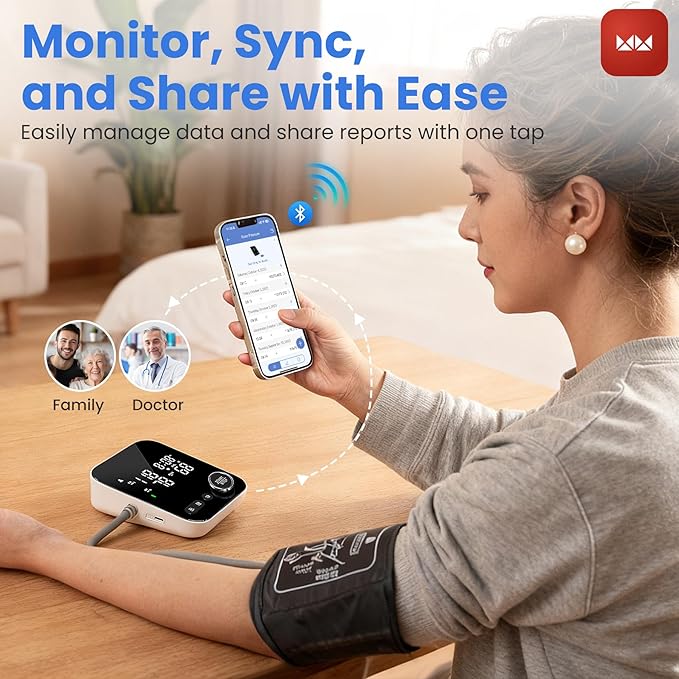 Smart Blood Pressure Monitor with Bluetooth, Automatic Upper Arm BP Machine for Home Use, Large Cuff (8.7”-16.5”), 2x120 Memory, Backlit LED Display, Storage Bag Included, Black