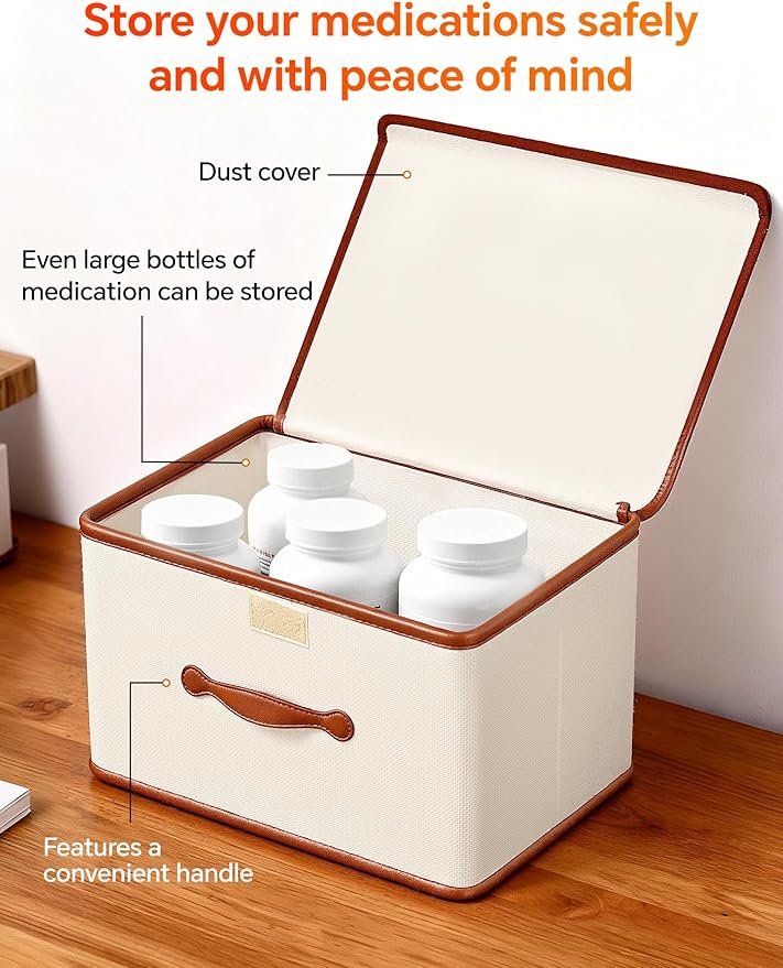 Large Medicine Cabinet Organizer with Tall Bottle Storage Bin & 7-Day Pill Box, 4-Tier Medicine Storage Organizer, Family First Aid Box Empty for Home(4C Medicine Box + Fabric Set)