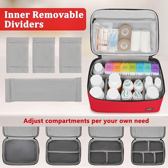 Medicine Storage Bag,Double Layers Pill Bottle Organizer Bag Empty with Lockable Zipper&Adjustable Divider,Medication Travel Carrying Bag for Pills,Vitamins,Medical Supplies,Red
