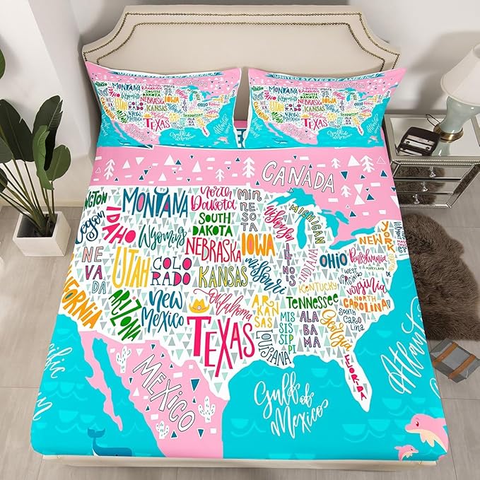 Blue Pink USA Map Fitted Sheet Queen, Geography Bed Sheet Set for Kids Boys Girls Teens Educational Map Bedding Set - Learning Educational Bed Cover