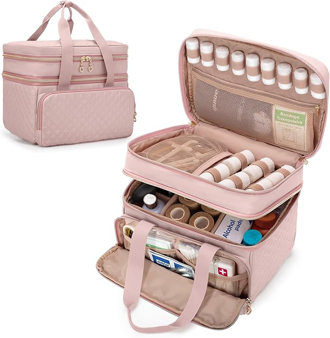 Yarwo Pill Bottle Organizer Empty, Double Layers Medicine Travel Storage Bag with 5 Customized Dividers and Lockable Zippers for Prescription Bottles and Emergency First Aid Supplies, Pink