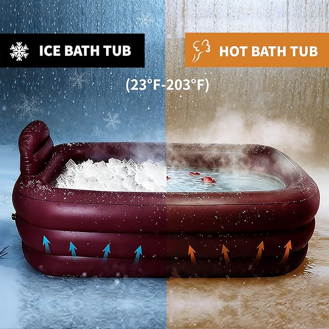 Inflatable Bathtub for Women, with Pillow Headrest - Portable Foldable Freestanding Hot Spa Bath Tub with Cover, Elegant Indoor One-Person Soaking Tub for Self-Care & Relaxation,Burgundy