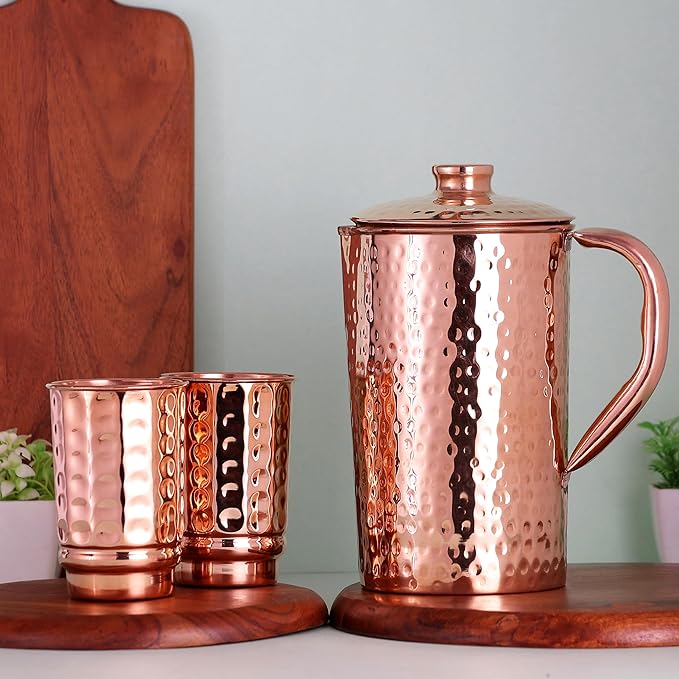 Copper Pitcher with 2 Copper Cups Set | Pure Copper Water Jug & matching tumblers Set for Home & Wellness, Hammered Finish Handcrafted for Daily Hydration & Natural Living