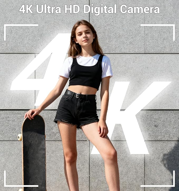 Digital Camera 4K, Autofocus Digital Compact Digital Camera,16X Digital Zoom Upgraded Travel Camera with 64GB SD Card,2 Batteries,Small Camera for Teens Kids Boys Girls,White