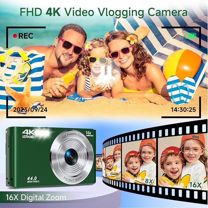 Digital Camera, FHD 4K Autofocus Compact Digital Cameras for Teens, Green Point and Shoot Camera for Kids with 16X Zoom, 64GB SD Card, 2026 Upgraded Small Digital Camera for Boys Girls Teens Kids Gift