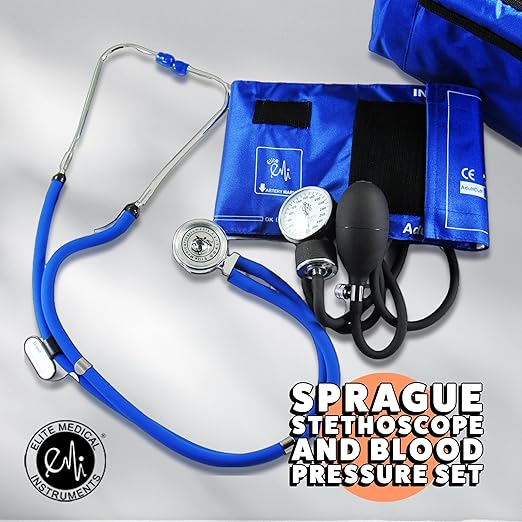 EMI Royal Blue Dual Head Sprague Rappaport Stethoscope and Manual Blood Pressure Adult Cuff Aneroid Sphygmomanometer Set
