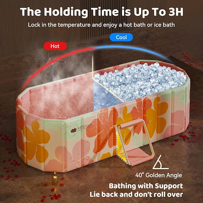 Portable Foldable Bathtub, Freestanding Bathtub No Installation, Bathroom SPA Soaking Bath Tub, Shower Stall Collapsible Hot & Ice Bath for Indoor Outdoor (Pink, 59"L x 21.6"W x 19.6"H)