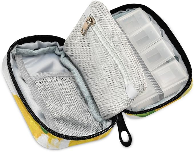 Poodle and Lemon Yellow Travel Pill Organizer Case Box Container Weekly Portable Vitamin Medicine Holder Storage Bag with Zipper Removable
