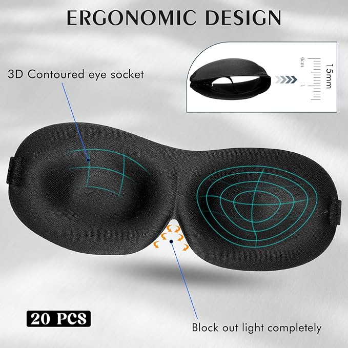 Bonuci 20 Pack Sleep Mask Blackout 3D Eye Mask for Ultralight Sleeping Night Blindfold Eye Covers with Adjustable Strap for Men Women Travel Gift Back and Side Sleeper (Black Bulk)