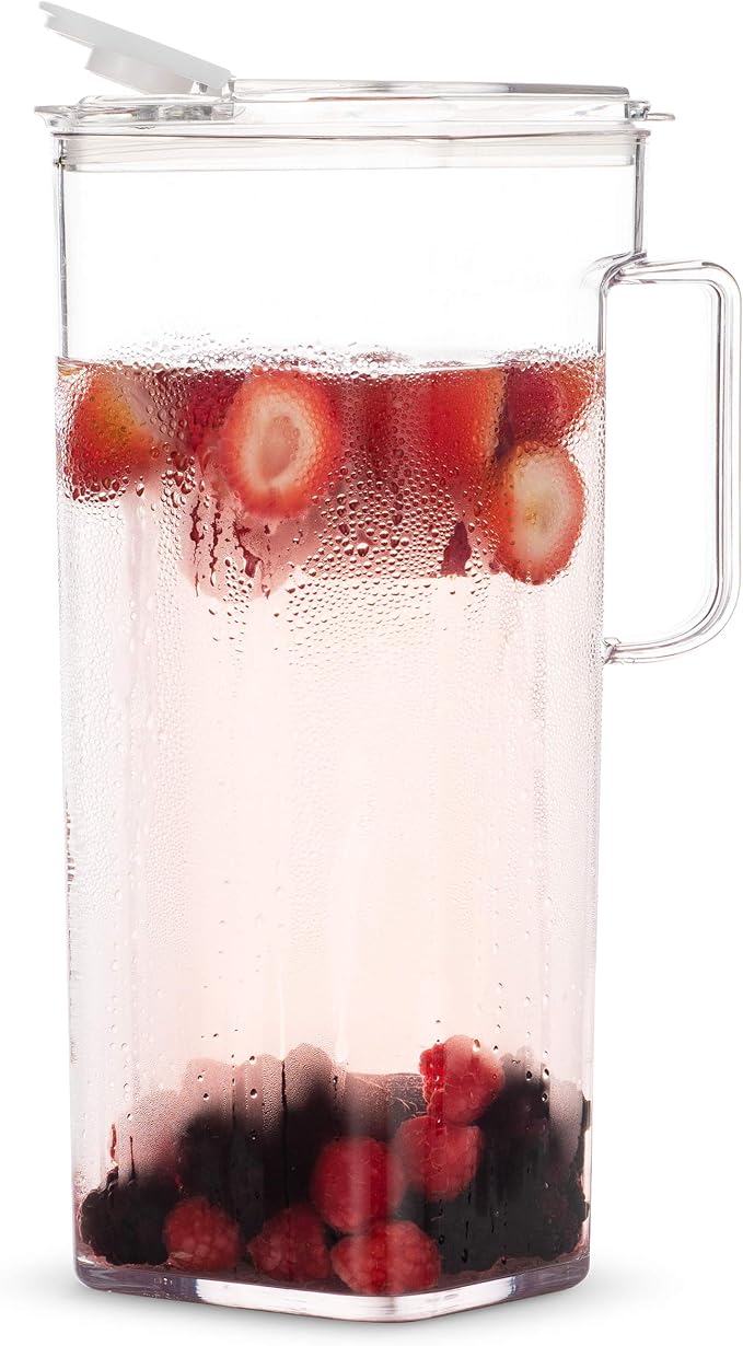 Komax Tritan Plastic Water Pitcher with Lid – BPA-Free, Square Water & Iced Tea Pitcher - Dishwasher Safe – Tea, Sangria, or Juice Containers with Lids for Fridge (2.4 Qt)