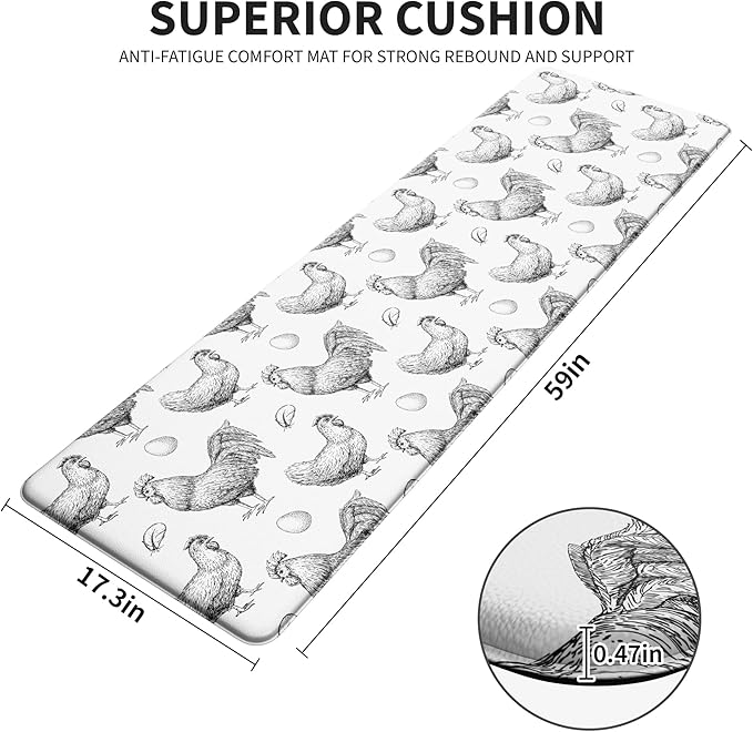 Farmhouse Kitchen Mat Rooster Rugs for Kitchen Floor Anti Fatigue Mat for Standing Desk Office Kitchen Floor Mats Non Slip Waterproof for Standing, 17.3"x 59"