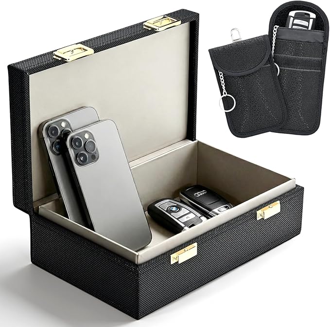 Faraday Box for Car Keys & 2 Faraday Bags, Key Fob Signal Blocker Box, Premium Rfid Blocking Box & Rfid Pouch, Keyless Entry Car Key Fob Protector Shielding Cage Black - 8.38" x5.15" x 2.76"