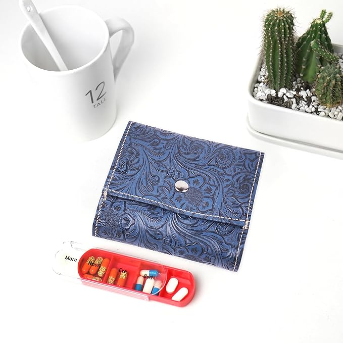 Pill Organizer,Haecsfl Weekly Travel Pill Case Box Medication Reminder Daily AM PM, Day Night 7 Compartments,for 4 Times A Day, 7 Days a Week-Includes Leather PU Carrying Case(1-Carved Blue)