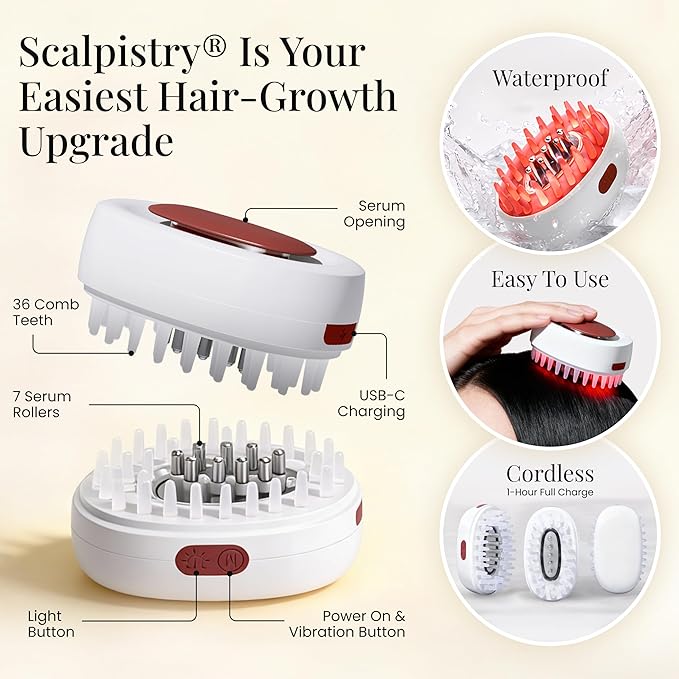 7-1 Red Light Hair Brush Comb | Vibrating Electric Red Light Scalp Massager + Oil Applicator for Fuller-Looking Hair Care | Scalp Massage for Head Spa | Portable, Cordless & Waterproof