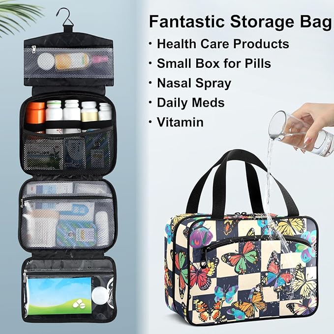 Fustylead Colorful Butterflies Print over Checkers Background Large Medical Supplies Organizer Bag with Zipper Empty First Aid Bag Trauma Kit for Traveling Hiking Camping