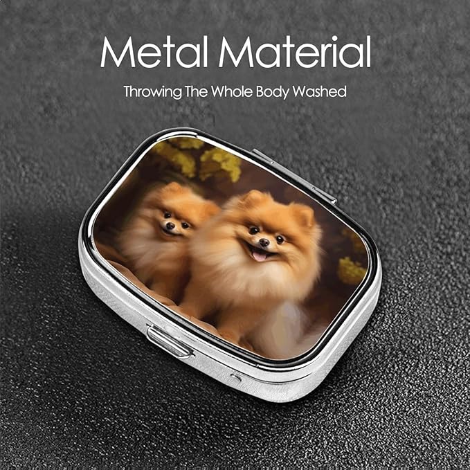 Square Pill Box 2 Compartment Medicine Pill Case Yellow Pomeranian Pill Box for Purse Pocket Waterproof Metal Pill Container Portable Pill Holder Mini Pill Organizer for Travel or Daily