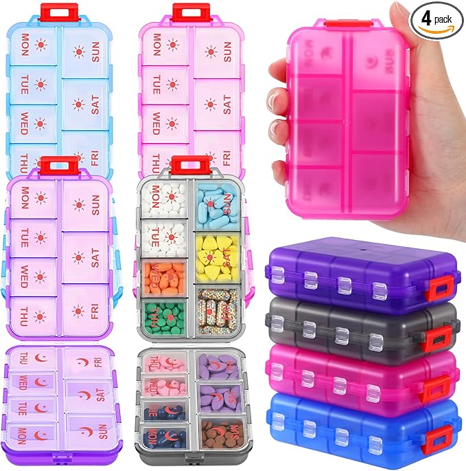 4 Pack 14 Grids Travel Pill Organizer with Printed Labels 2 Times a Day Pill Organizer Foldable Travel Medicine Kit Am Pm Weekly Medicine Box for Vitamin Fish Oil Supplement Storage