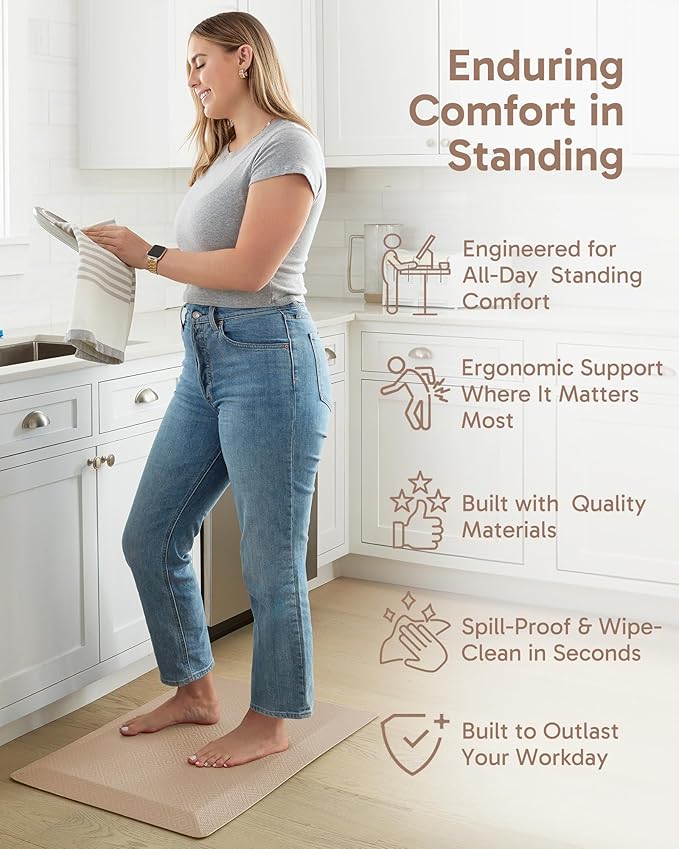 Ophanie Kitchen Mats for Floor, 3/4 inch Thick, 20x32 Anti Fatigue Christmas Cushioned Mat, Kitchen Rug, Waterproof, Comfort Ergonomic Standing Mat for Office, Home, Sink, Beige Non-Slip Ridged Bottom