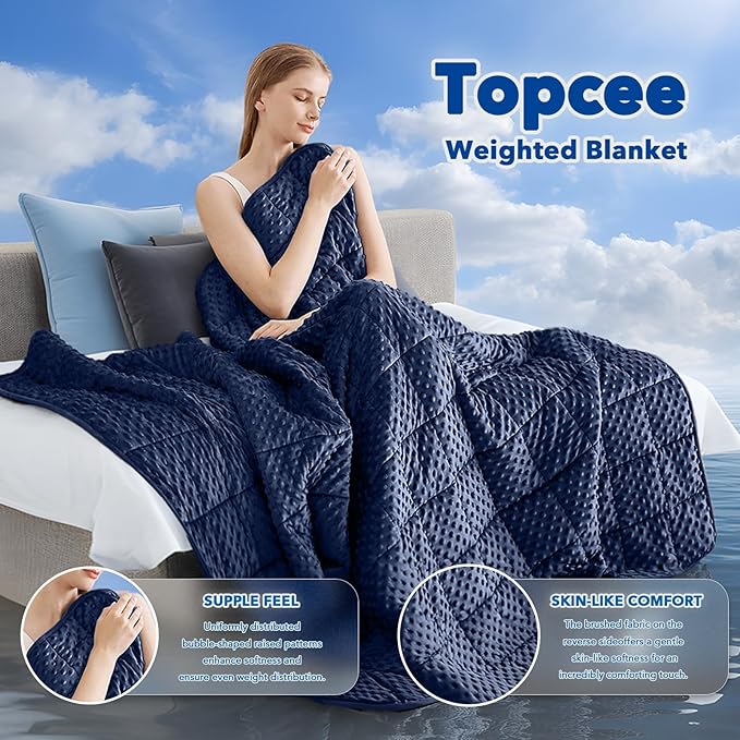 Topcee Weighted Blanket for Adults (15lbs 60"x80"), Minky Dots Heavy Blanket for 140-160lbs Sleeping, Soft, Cozy and Cooling Weighted Throw Blankets, Machine Washable, Blue