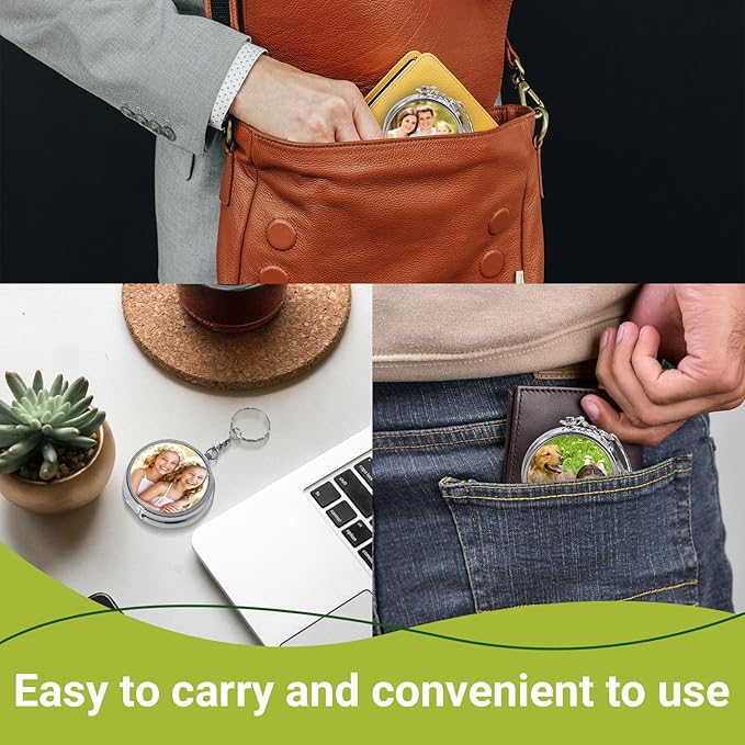 Custom Pill Box Organizer Travel With Photo,Logo,Text Personalized Metal Medicine Pill Case Waterproof Tablet Vitamin Holder Organizer for Purse Pocket Travel Gifts with Mirror&Key Rings 3 Compartment