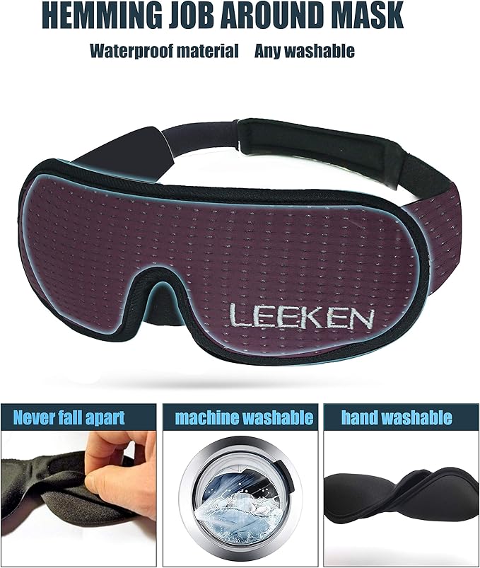 LEEKEN 3D Sleeping Eye Mask - 100% Lights Blockout Sleep Mask for Men Women, Cool Sports Fabric Eye Cover for Travel/Nap/Night Sleeping,Comfortable and Breathable