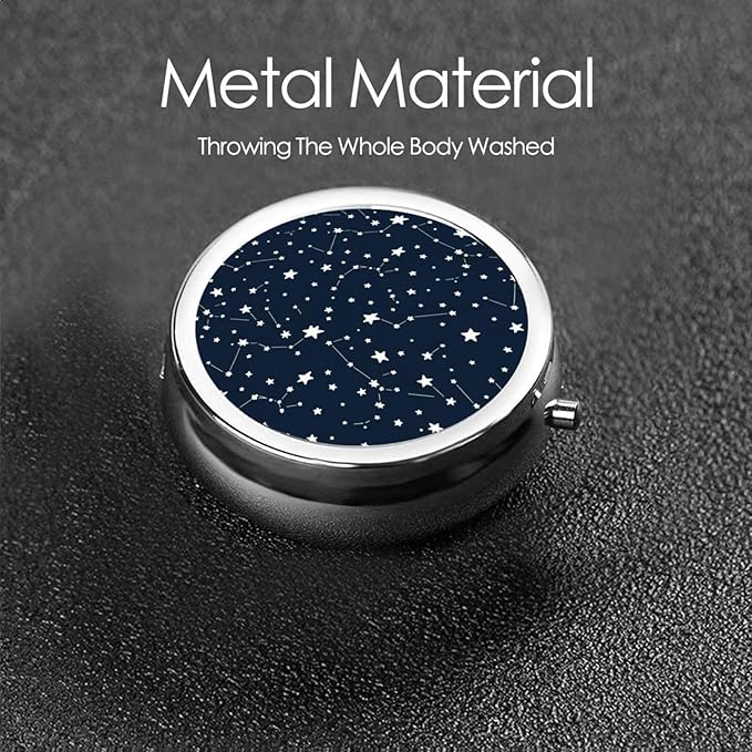 Round Pill Organizer, Portable Travel Pill Case, Purse Pill Box Hold for Pills, Jewelry, Beads, Paper Clips, Constellation Galaxy Starry Night Stars Glow in The Dark Midnight