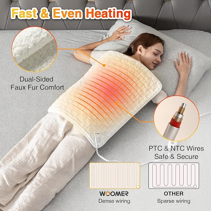 Woomer Faux Fur Electric Heating Pad for Back Pain Relief, Extra Large 20” x 24”, Extended Coverage from Neck to Hip, Two-Sided, Moist Mode, ETL Certified, 6 Adjustable Heats & 2H Auto-Off,White