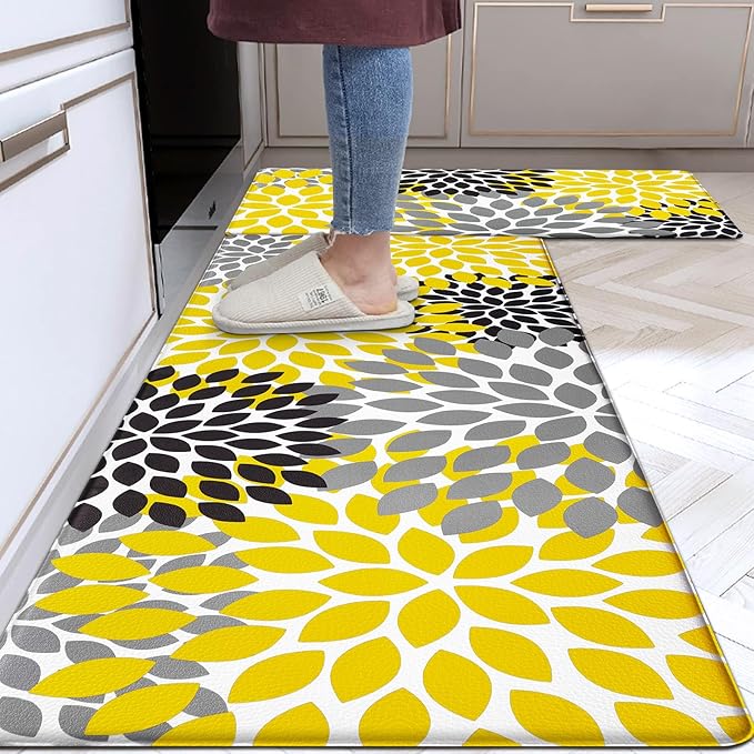Likiyol Kitchen Mats for Floor [2 PCS] Anti-Fatigue Kitchen Rugs Non Slip Washable Boho Flower Waterproof Decorative Cushioned Comfort Standing Floor Mats for Home/Office 18''x48''+18''x60''(Yellow)