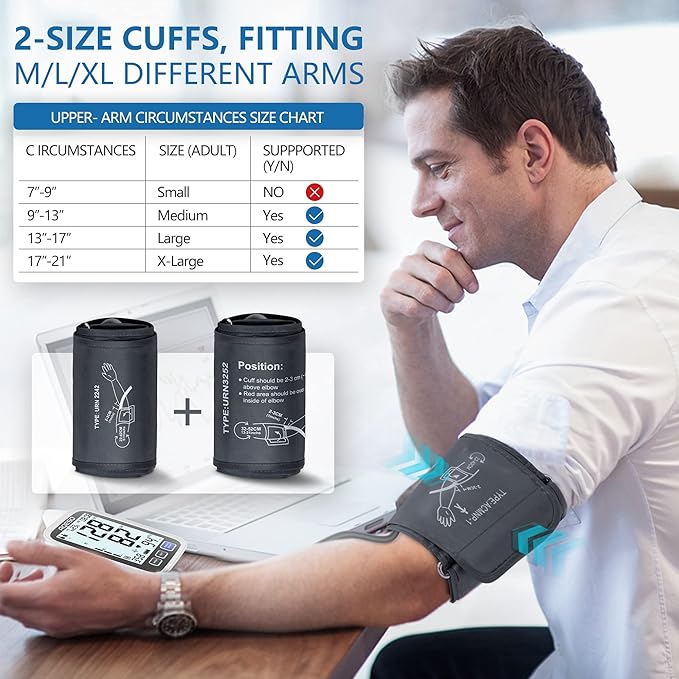 Blood Pressure Machine Upper Arm, 2 Size Cuffs Fit Arms from Medium 9"-17" to Extra Large XL 13"-21", Accurate Automatic Digital BP Kit Home Use, Large Backlit LCD, BP Monitor Dual-User Mode