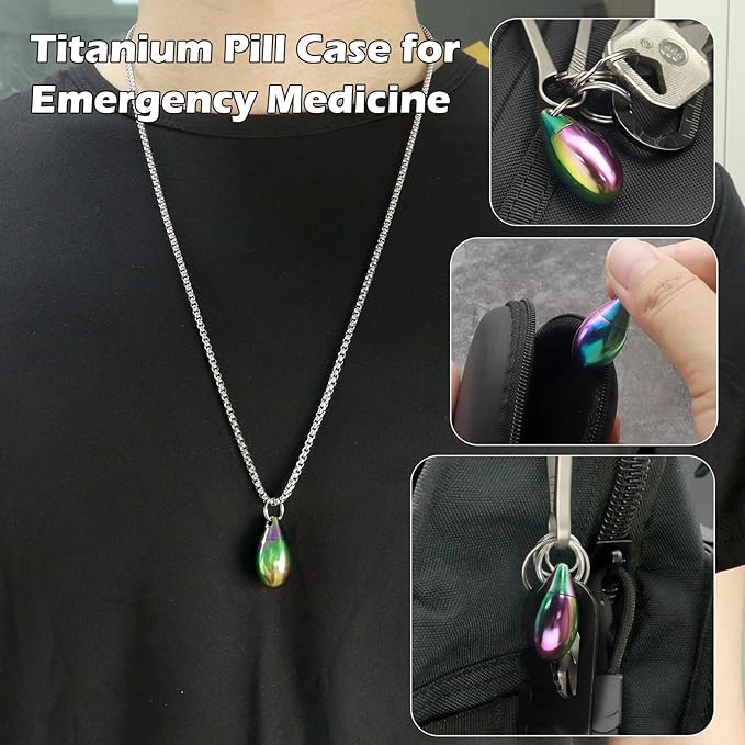 Pill Holder Necklace Nitro Pill Case Titanium Pill Container Necklace for Men Women Christmas Gifts Stocking Stuffers Waterproof Pill Holder Emergency Aspirin Small Pill Box W/Chain Tiny Fob