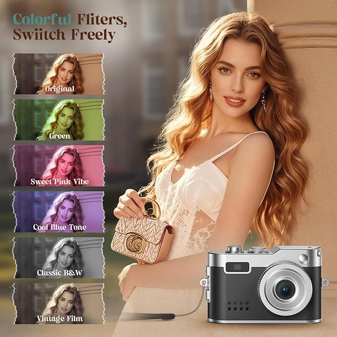 Mini Digital Camera, Keychain Camera 1080P HD with 2MP Lens, Flash, Video Recording, 32G Card Included, Portable and Compact Retro Vlog Camera for Travel, Kids, Black
