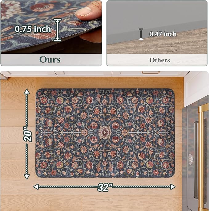 KIMODE Padded Kitchen Floor Mats Cushioned Anti Fatigue,3/4 Inch Comfort Memory Foam Ergonomic Standing Carpet for Office Desk,Boho Vintage Sink Rug Non Slip for Laundry,Blue/Red